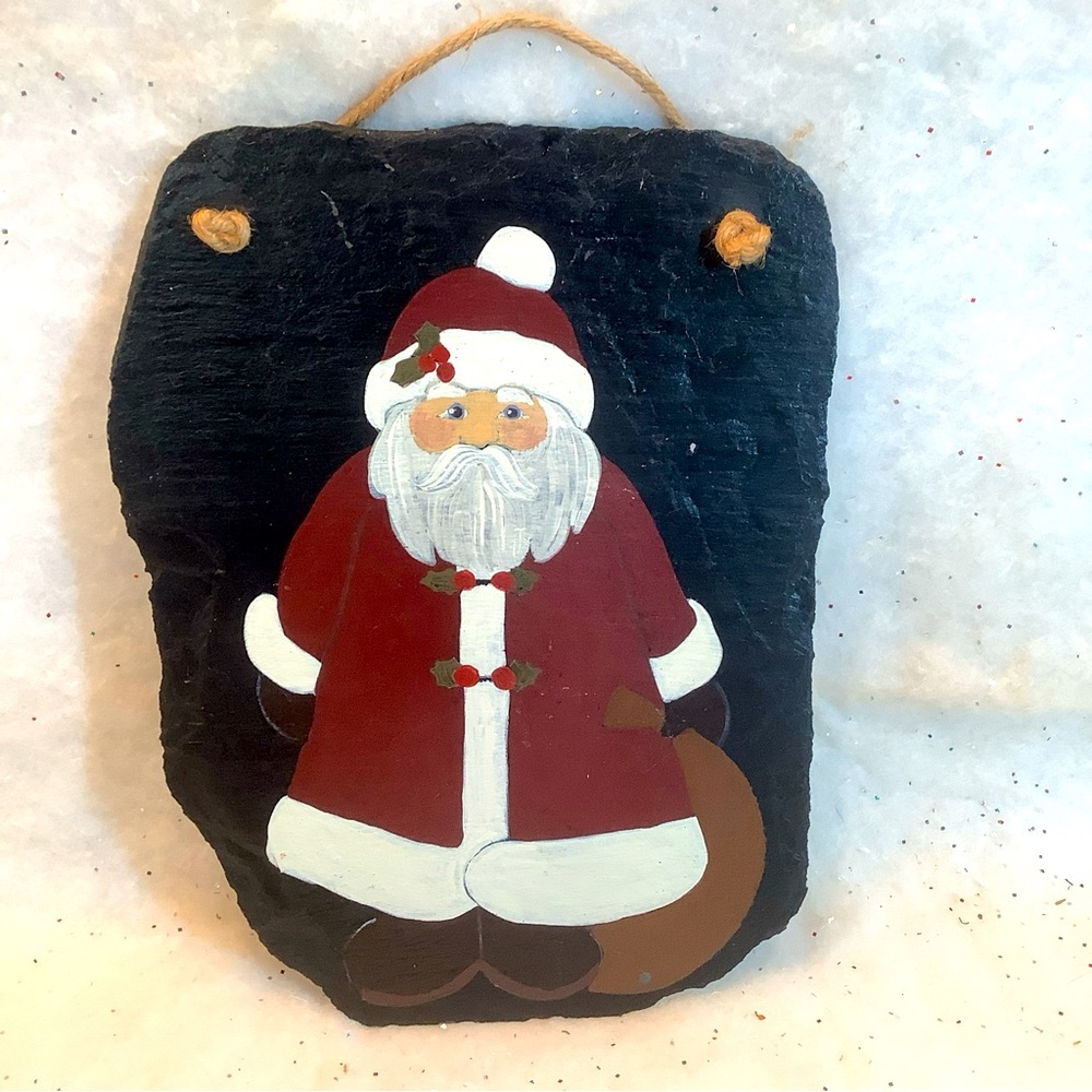 1992 Hand Painted Santa Claus On Slate Wall Hanging Folk Art Holiday Decor OOAK